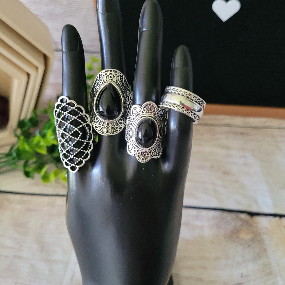 5 piece Boho Antiqued Silver Black Stone Ring✨️ - Picture 4 of 8